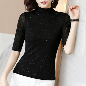 秋季新款时尚韩版纯色黑色T恤女韩版中袖打底衫轻熟风网纱上衣潮