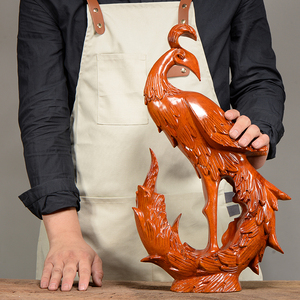 实木雕刻凤凰摆件檀木头根雕孔雀神兽红木家居客厅玄关装饰工艺品