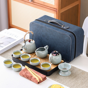 哥窑旅行功夫茶具套装家用户外简约陶瓷茶壶盖碗茶杯茶盘便携式包