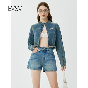 EVSV31002夏季新款三分牛仔短裤女士 无弹高腰显瘦大长腿A字裤子
