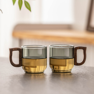 玻璃小茶杯家用功夫茶具用品耐热防烫带胡桃木把手轻奢高档品茗杯
