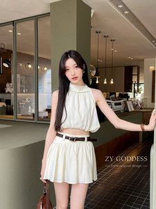 2024夏季新款韩版韩版设计感翻领无袖上衣套装减龄百褶短裙两件套