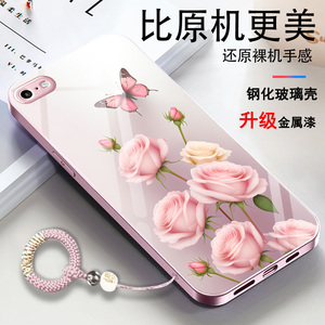 适用苹果6sPlus手机壳iphone6plussp六iP玻璃新款蝴蝶玫瑰可爱套粉色爆款春夏新品男士超薄个性花朵中国红