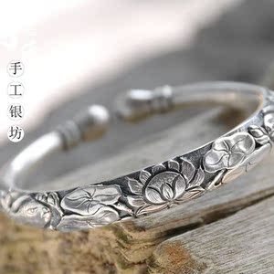 寸氏银坊 银手镯999足银女莲花鱼银手镯民族风银镯子银饰送长辈