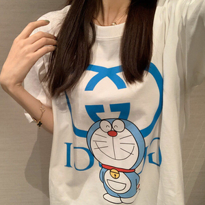 g家蓝胖子联名款哆啦a梦机器猫印花t恤女中长款2021夏装潮牌上衣