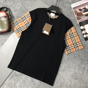 夏季新款巴布瑞短袖个性t恤手臂拼接格子条纹半袖衫上衣男女同款