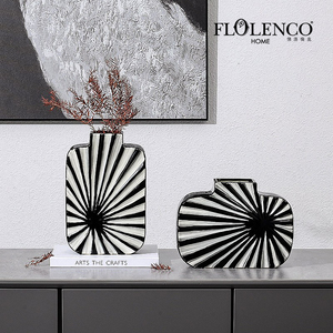 北欧创意黑白条纹陶瓷干花瓶家居客厅电视柜插花装饰艺术花器摆件