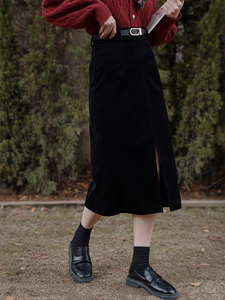 vintage法式灯芯绒半身裙秋冬复古气质前开叉一步裙高腰包臀长裙