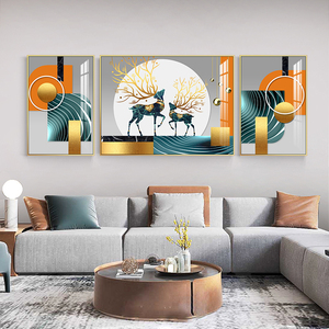 锦上福鹿客厅装饰画现代简约沙发背景墙轻奢挂画大气晶瓷三联壁画