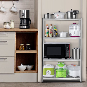 304不锈钢厨房置物架三层家用加厚落地多层收纳橱柜微波炉货架锅