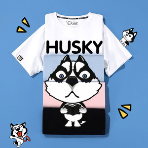 2022夏季新款哈士奇短袖男t恤微落肩袖宽松衣服二哈图案衣服半袖