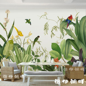 清新东南亚热带雨林植物墙纸鹦鹉小鸟电视背景墙壁画芭蕉叶3d壁纸