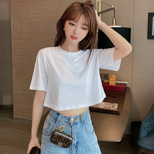 网红白色短款t恤女短袖ins超火漏肚脐宽松胖mm体恤高腰露脐上衣夏