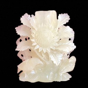 天然玉石鸟语花香如意笔筒摆件文具礼品阿富汗玉雕工艺品桌面摆设