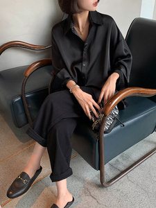 醋酸缎面黑色大码衬衫女设计感小众韩版高级垂感宽松气质衬衣开衫