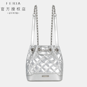 feria包包女韩国23新款小众设计银色链条油蜡牛皮菱格双肩背包女