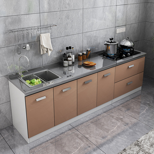 简约现代不锈钢整体橱柜灶台柜一体家用经济型多功能碗柜租房白色