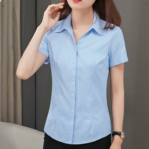 蓝色斜纹夏装女衬衫短袖V领尖领修身职业工作服正装短袖衬衣洋气