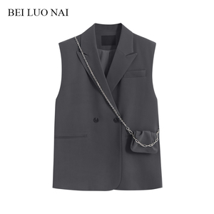 开叉西装马甲女春秋2021新款无袖灰色西服马夹背心中长款外搭坎肩