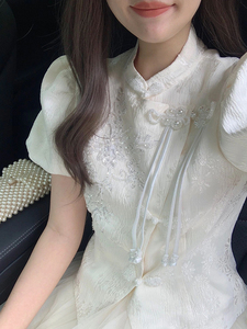 复古新中式重工刺绣国风珍珠盘扣上衣女温柔风网纱长裙两件套装女