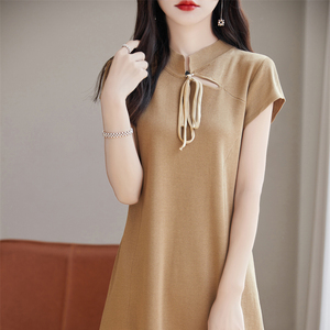 新中式国风针织连衣裙女短袖24夏季中长款曲珠冰丝旗袍裙显瘦气质