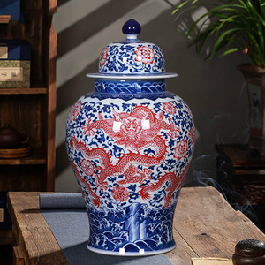 景德镇陶瓷青花瓷将军罐子客厅落地龙凤花瓶插花装饰大号瓷瓶摆件