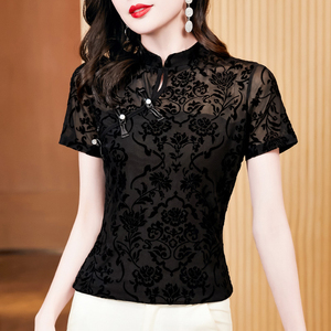 中式女装中国风立领复古盘扣气质短袖t恤女夏季黑色小衫网纱上衣