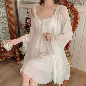 纯欲睡衣女2022年新款秋冬季真丝性感蕾丝吊带睡裙白色睡袍家居服