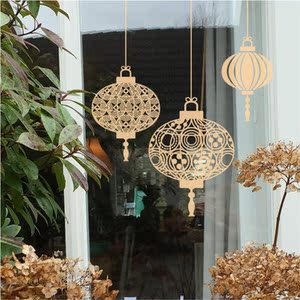 几何图案灯笼玻璃贴纸2022新春虎年店铺推拉双开门橱窗装饰墙贴