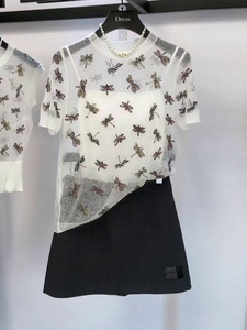 蜻蜓提花刺绣针织短袖女夏季薄款t恤2024年新款宽松漂亮独特上衣