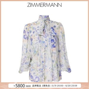Zimmermann 2024春季新款Natura蓝色花卉系带领系扣前襟长袖衬衫