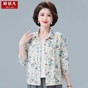 七分袖妈妈上衣中袖纯棉印花春夏装薄外套50岁女士中老年棉麻衬衣