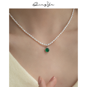 2-3mm极细小米珠天然珍珠项链女玉髓绿色新中式锁骨链设计感颈链