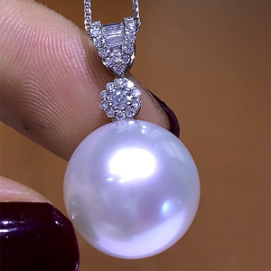 澳洲南洋白珠天然色海水珍珠吊坠正圆极强光14-15mm钻石18k金项链