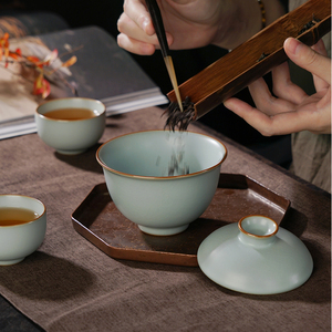 汝窑两才盖碗茶杯单个大号景德镇泡茶碗陶瓷仿古宋朝茶具青瓷礼品