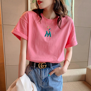 吹的花旗舰店天猫纯棉玫粉色t恤女2022年新款夏季宽松短袖中长款