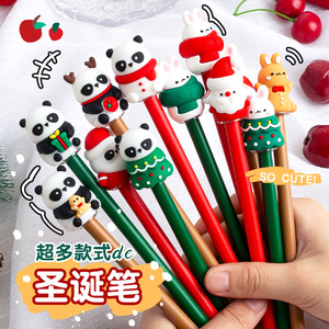 熊猫圣诞限定拔帽式中性笔针管头黑色水笔小学生用可爱高颜值圆珠笔送女生男生儿童圣诞节礼物创意小礼品