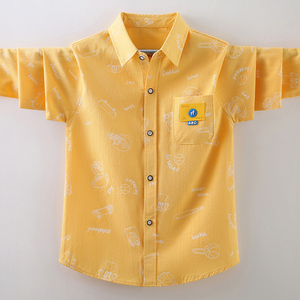 2024新款男童衬衫长袖黄色春季儿童衬衣中大童宝宝春装上衣韩版潮