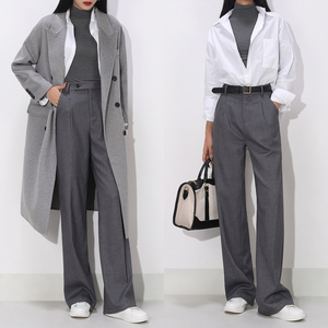 菲丝蕾灰色西装裤女春秋垂感显瘦高个子加长阔腿裤直筒休闲裤子女