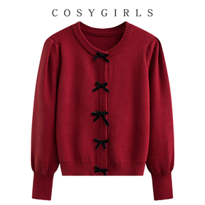 红色毛衣女春季新款减龄蝴蝶结圆领开衫外套灯笼袖长袖上衣针织衫