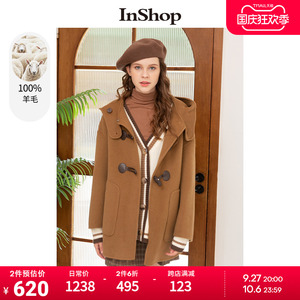 【商场同款】INSHOP冬装2022年新款短款毛呢外套女牛角扣连帽大衣