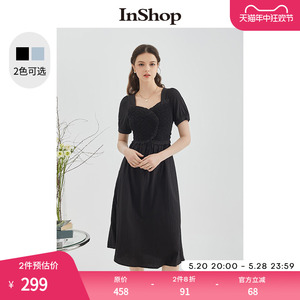 【商场同款】INSHOP新法式连衣裙女方领肌理感黑色长裙