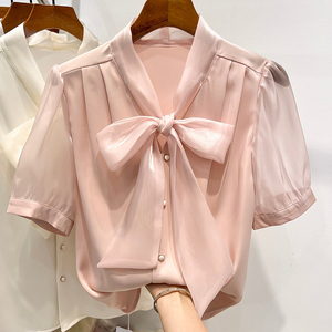 法式气质V领粉色衬衫女士蝴蝶结飘带雪纺短袖上衣夏季欧根纱衬衣
