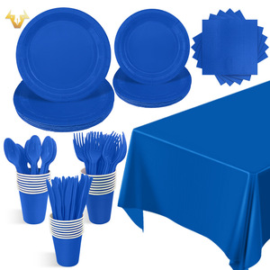 跨境现货纯色主题套装加厚宝蓝色纸巾纸盘纸杯桌布一次性派对用品