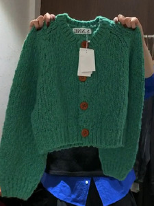 【现货】濮院超好看的绿色系扣粗针毛衣女秋冬浣熊绒减龄针织开衫