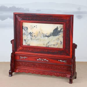 红酸枝天然云石插屏台屏复古桌屏中式实木小屏风摆件家居装饰摆设