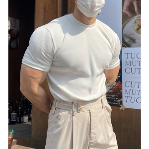 潮牌t恤短袖男夏季日系简约百搭纯色肌理感修身弹力针织打底衫ins
