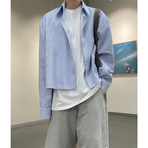 蓝色条纹翻领长袖衬衫男士春季新款日系citboy短款设计感衬衣外套