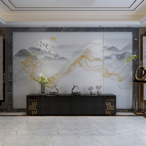 新中式壁画硬包背景墙花鸟山水水墨软包电视沙发床头客厅酒店定制