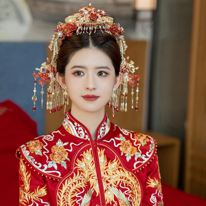 喜看新款红色中式秀禾头饰新娘结婚凤冠古装汉服写真摄影造型配饰